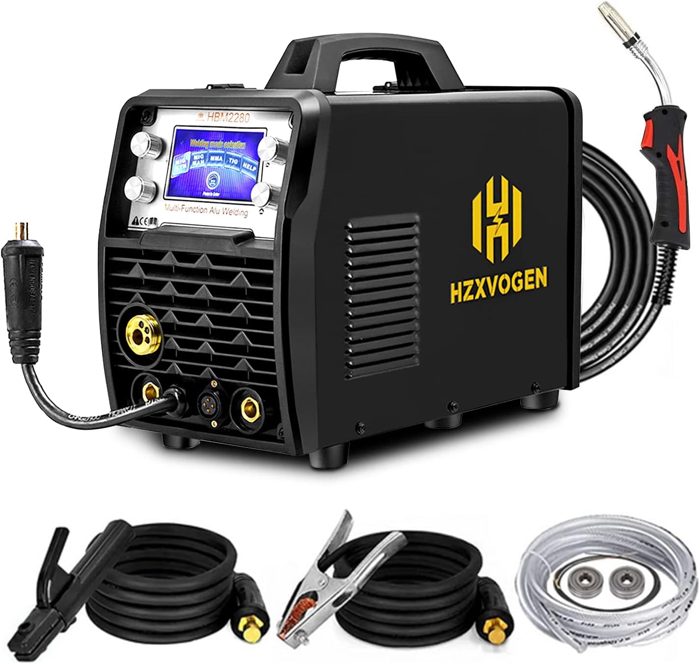 HZXVOGEN MIG Welder 100V/220V 200Amp Weld Aluminum Wider LCD Display Smart Control IGBT Inverter MIG Stick TIG Mix Gases Gasless Flux Cored Solid Core Wire Welding Machine (Model: HBM2280)