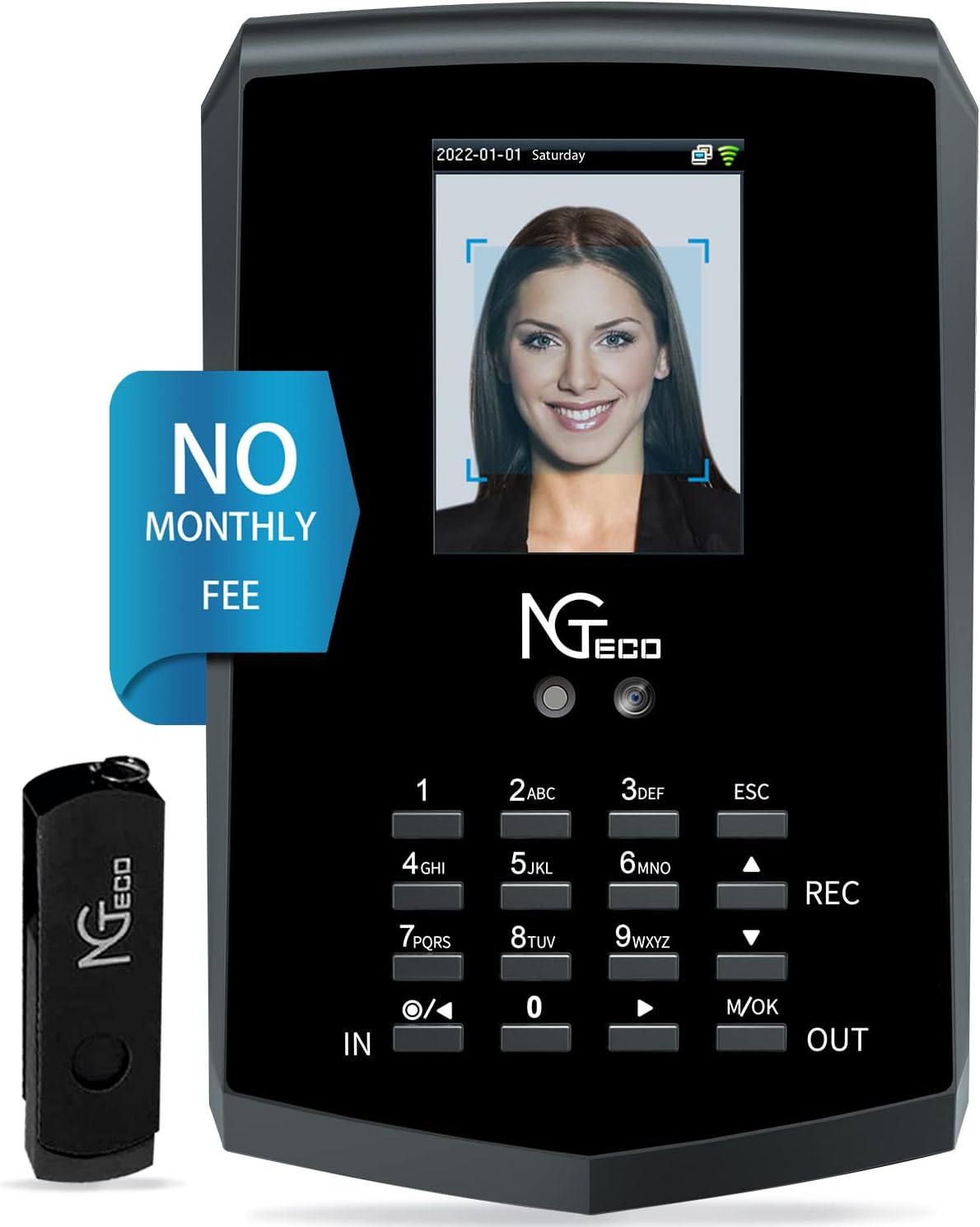 Time Clock, NGTeco Face Recognition Time Card Machine, Touch Free Facial Time Clocks for Employees Small Business Automatic in and Out, Punch Card Attendance with App for iOS Android (0 Monthly Fee)