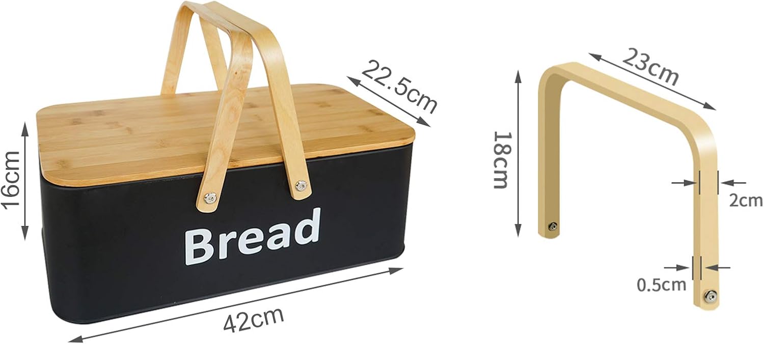 SOTECH BreadBox with Bread Bin Bamboo Lid and Bamboo Handle Modern Bread Box,Bread Storage Bread Container for kitchen counter to Organizer Kitchen Decor,Vintage Kitchen Portable Bread Box Metal Black Pack of 2