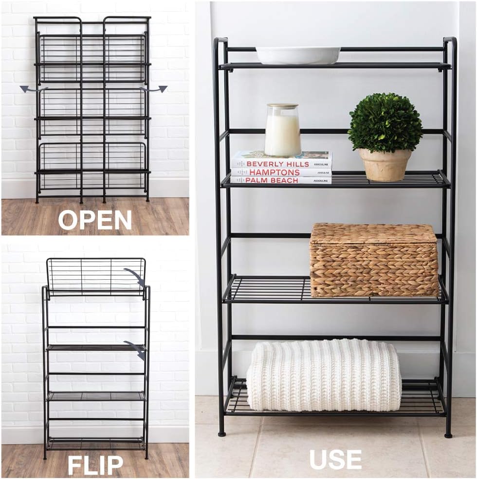 Flipshelf Folding Metal Bookcase-Small Space Solution-No Assembly-Home, Kitchen, Bathroom and Office Black, 4 Shelves, Wide Pack of 2
