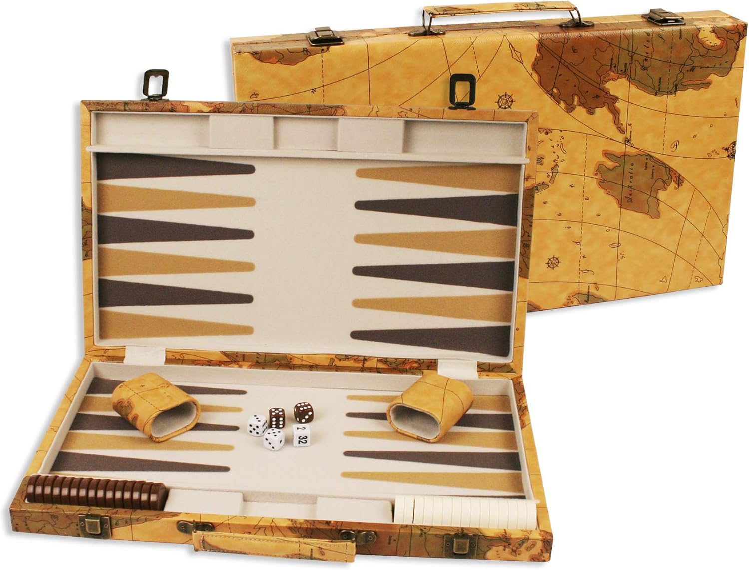 DA VINCI 18 inch Leatherette Backgammon Set with Beautiful Old World Map Design