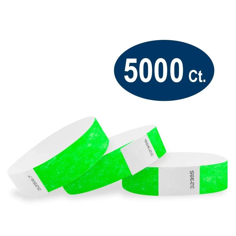 WristCo Neon Green 3/4x22 Tyvek Wristbands - 5000 Pack Paper Wristbands for Events