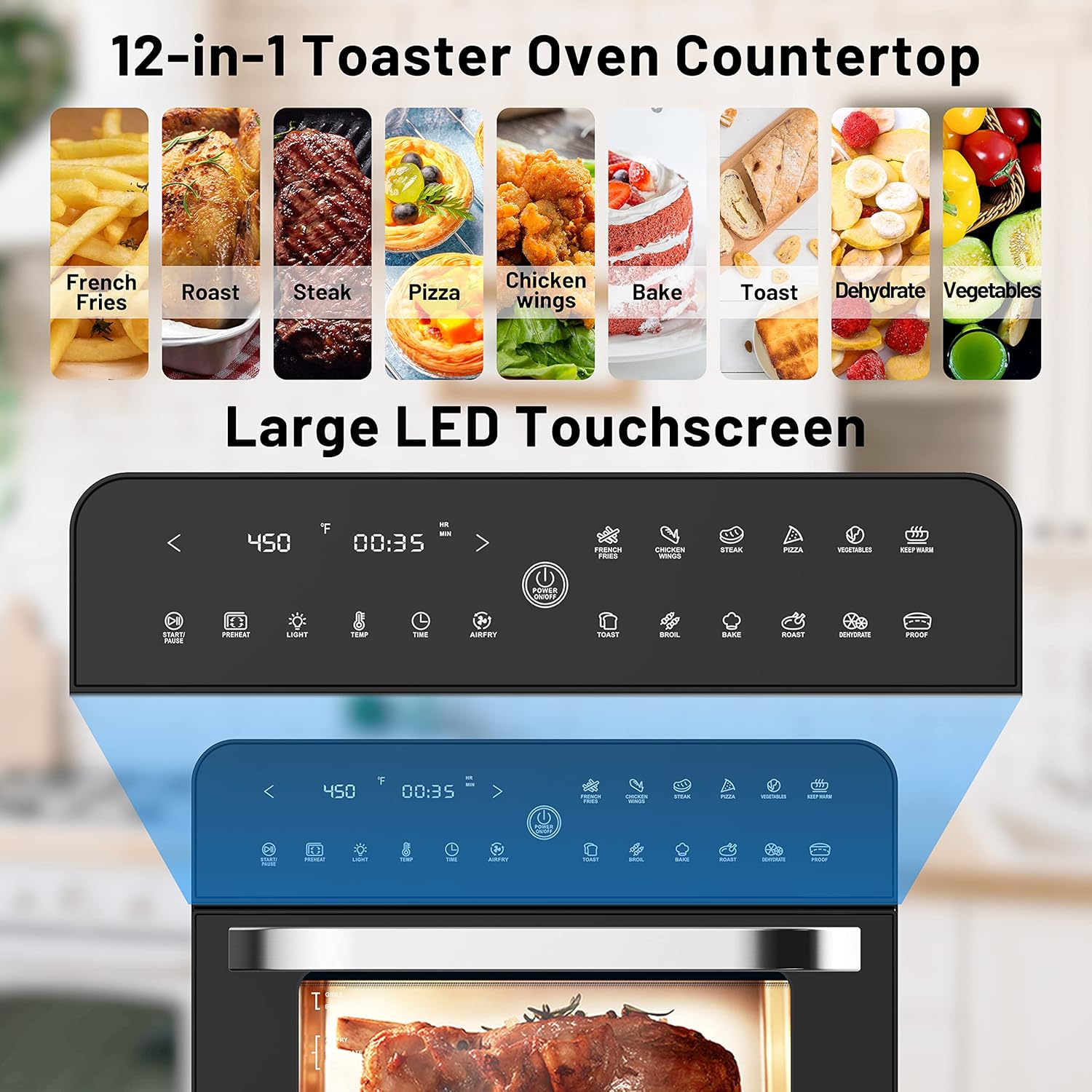 Digital Toaster Oven Countertop OIMIS 26.5QT Large Oven Air Fryer Combo,Smart LED Touch Screen,Super Low Temperature Rise,Triple Tempered Glass Door,7 Accessories,ETL Certified