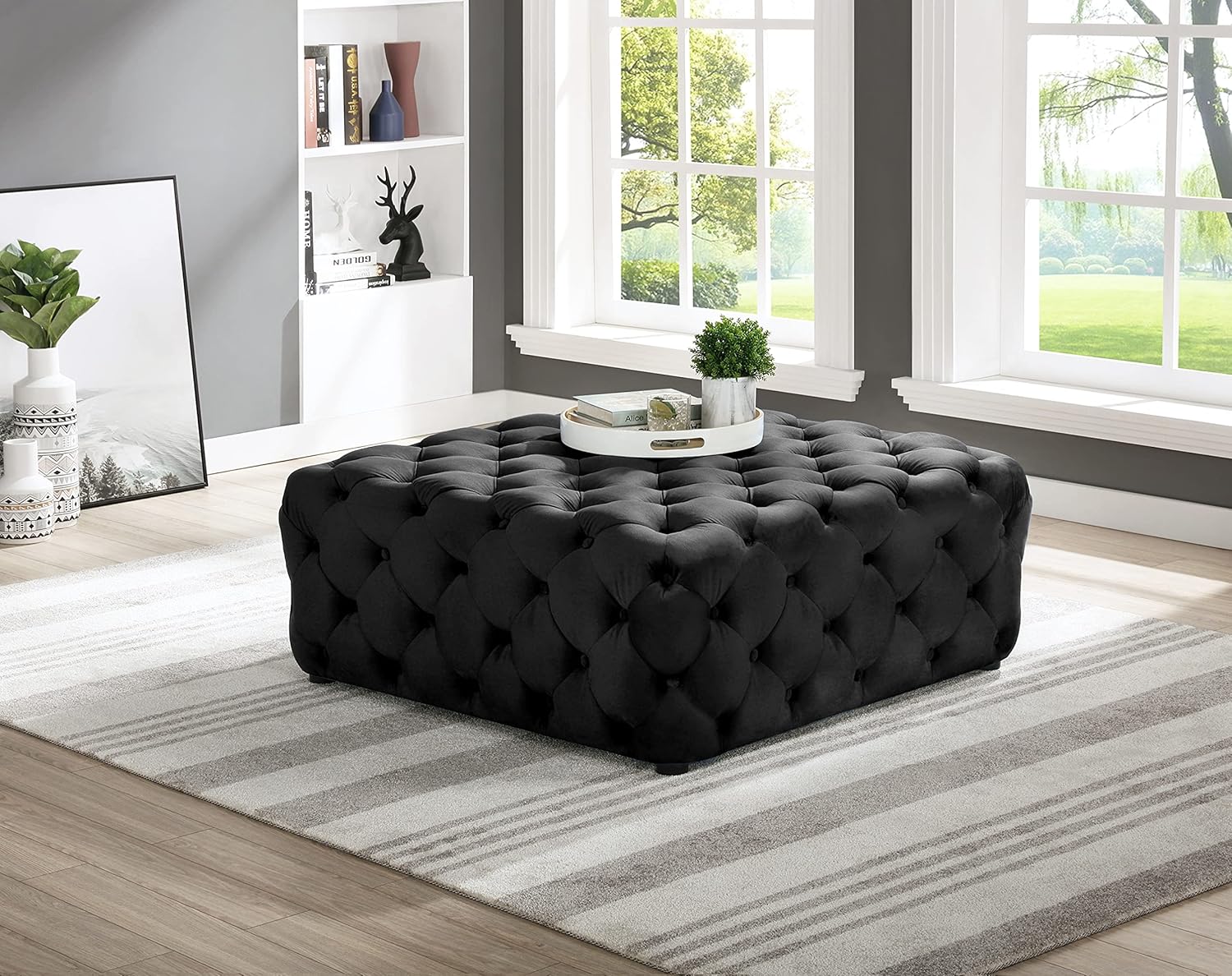 Best Master Furniture Sherlyn Tufted Velvet Square Ottoman/Footstool, Black Velvet