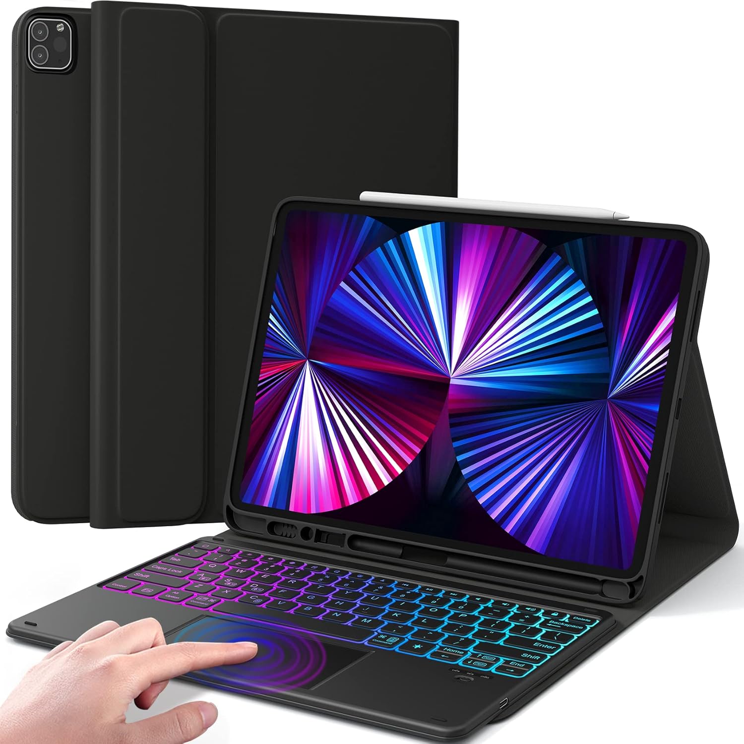 CHESONA iPad Pro 12.9 Case with Keyboard, Compatible for iPad Pro 12.9-inch 2021 5th/4th/3rd Gen, Trackpad Keyboard with DIY 7 Color Backlit, Wireless Detachable Keyboard with Pencil Holder, Black