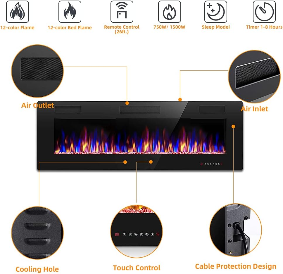 LHRIVER 60 Inches Wall Mounted Electric Fireplace Insert, Recessed Electric Fireplace Heater with Touch Screen, Timer, Remote Control, 750W/1500W