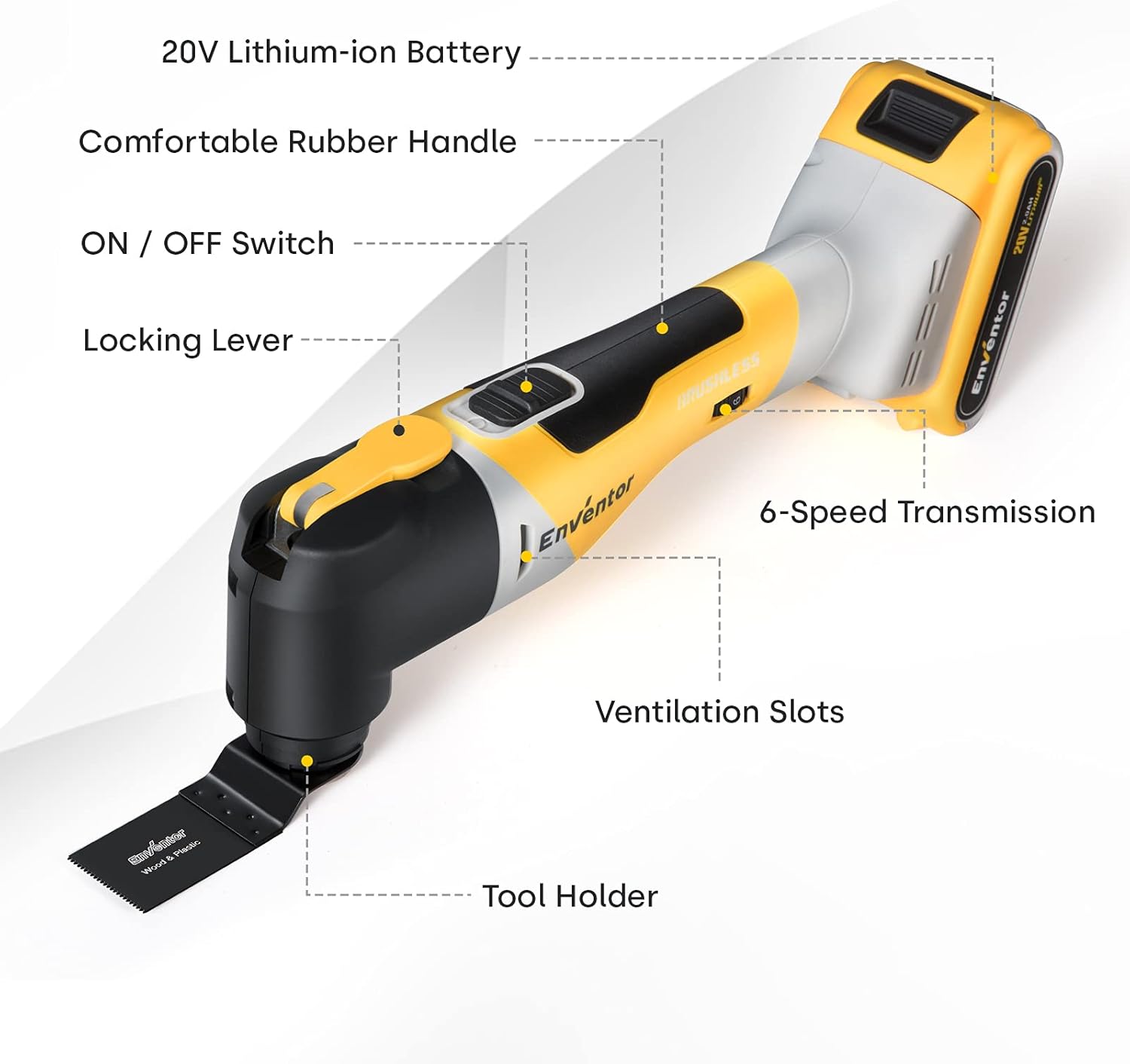 Oscillating Tool, ENVENTOR 20V Brushless Cordless Oscillating Tool Kit, 6 Variable Speed, 4&deg; Oscillation Angle, 28 pcs Oscillating Saw Accessories, Oscillating Multitool for Trimming, Sanding, Cutting
