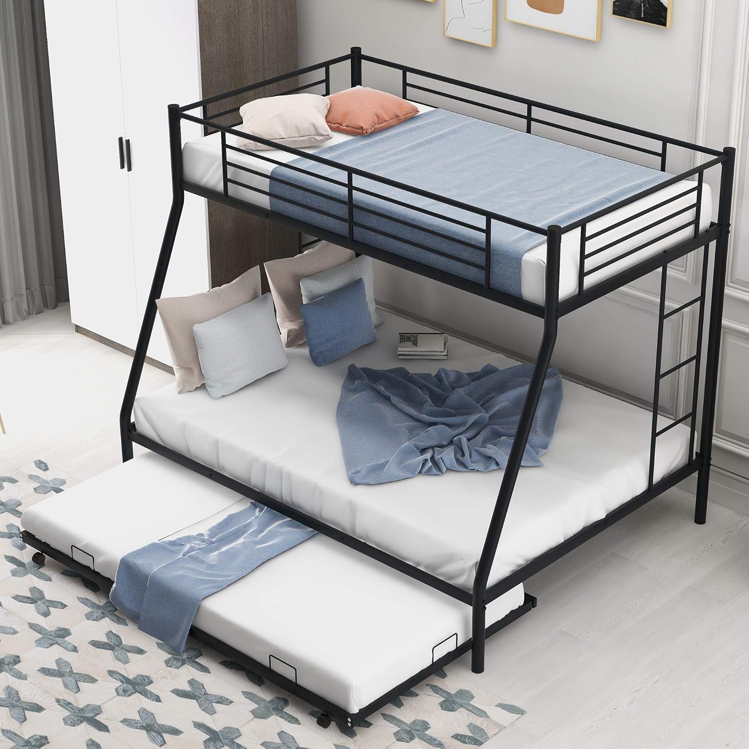 Metal Bunk Bed, Twin Over Twin Bunk Bed with Trundle for Kids and Teens, Can be Divided into Two beds, No Box Spring Needed, Black