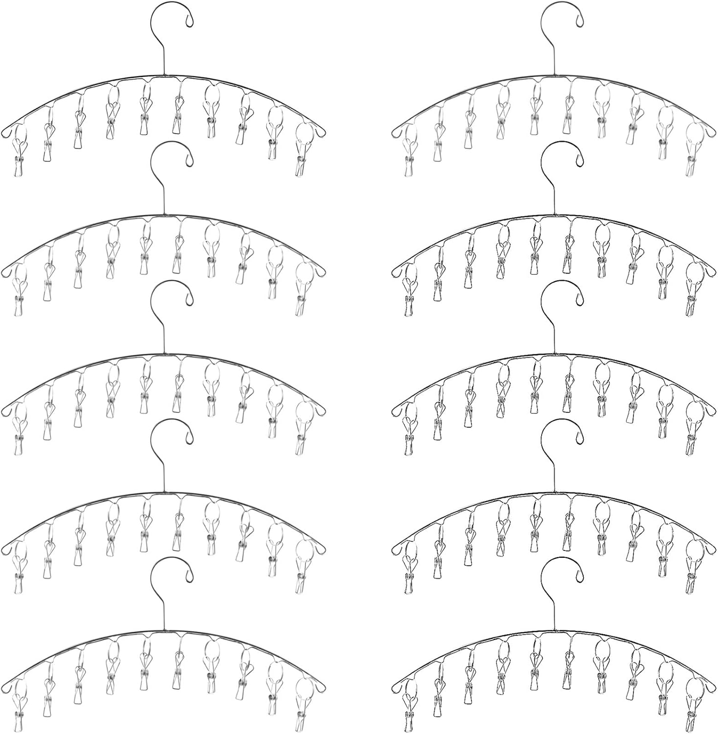 HOZEON 10 Pack 16.5 x 9.4 Inch Stainless Steel Clothes Hangers Drying Racks with 10 Clips, Premium Laundry Drying Hanger, Clothes Drying Rack for Drying Socks, Towels, Baby Clothes, Underwear, Shoes