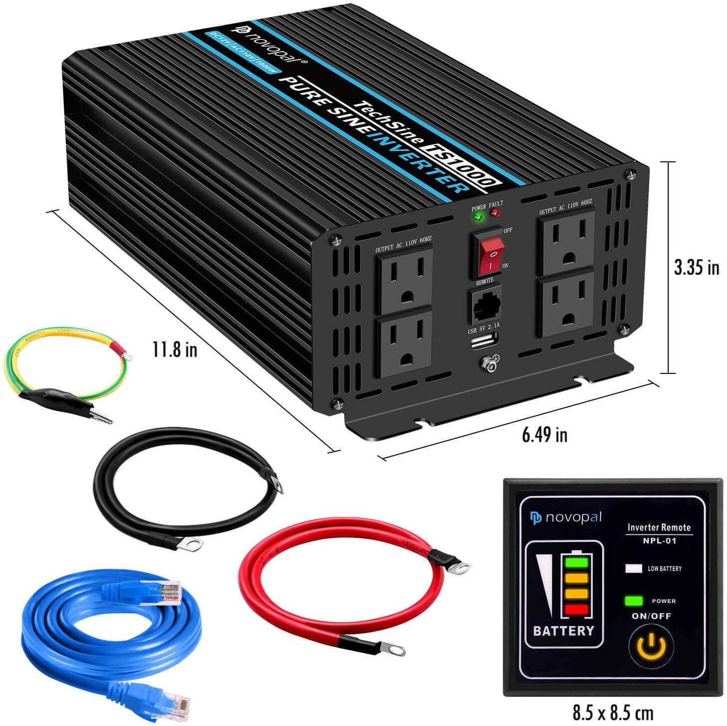 Novopal Pure Sine Wave Power Inverter 1000 Watt 12V DC to 110V/120V AC Converter 4 AC Outlets Car Inverter with One USB Port 16.4 Feet Remote Control and Two Cooling Fans（5th Generation Upgrade）