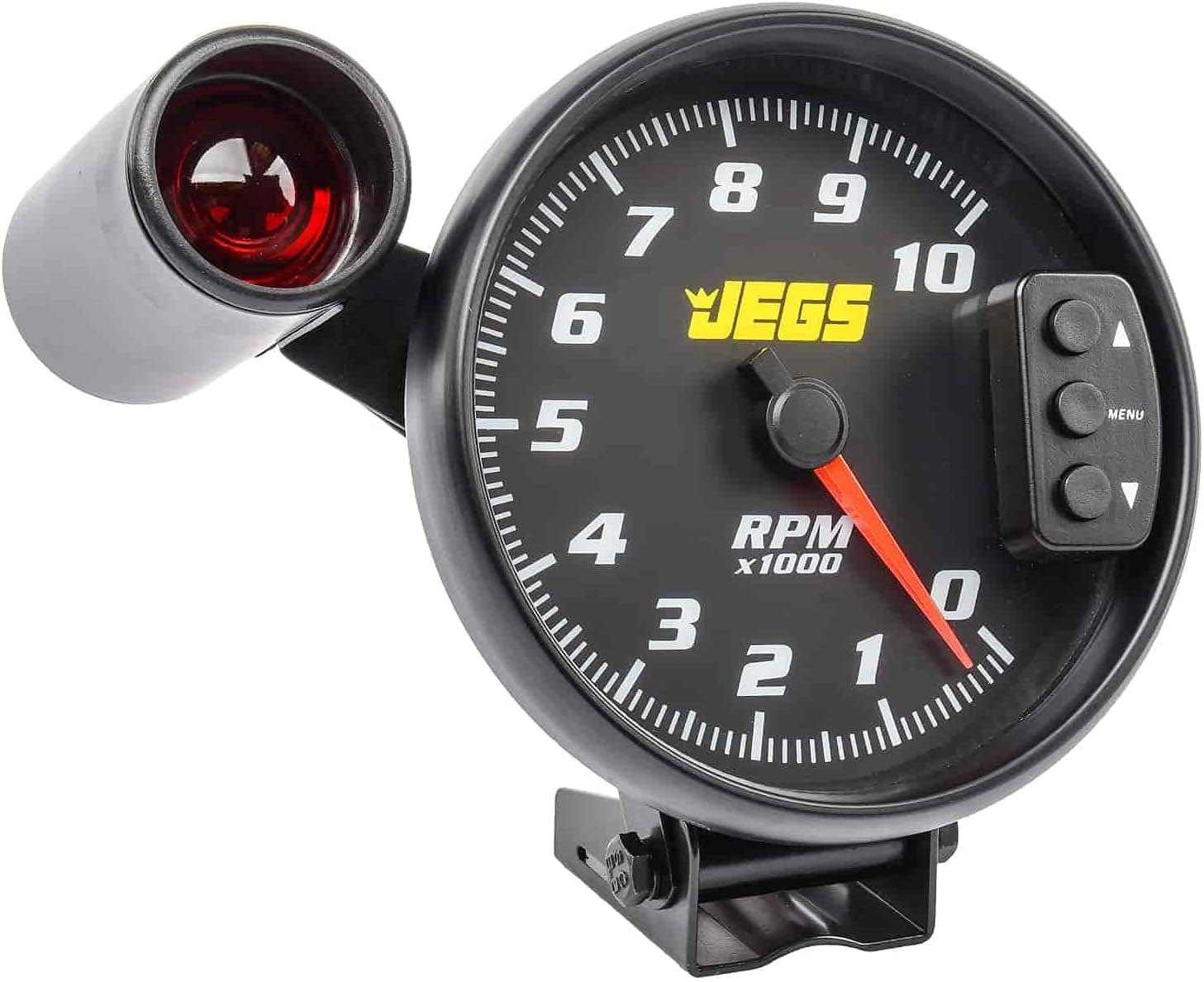 JEGS 5&rdquo; Tachometer | Black Face With Black Bezel | 0-10,000 RPM Range | Super-Bright LED Shift Light | One-Touch Peak RPM Recall | Mounting Bracket Included