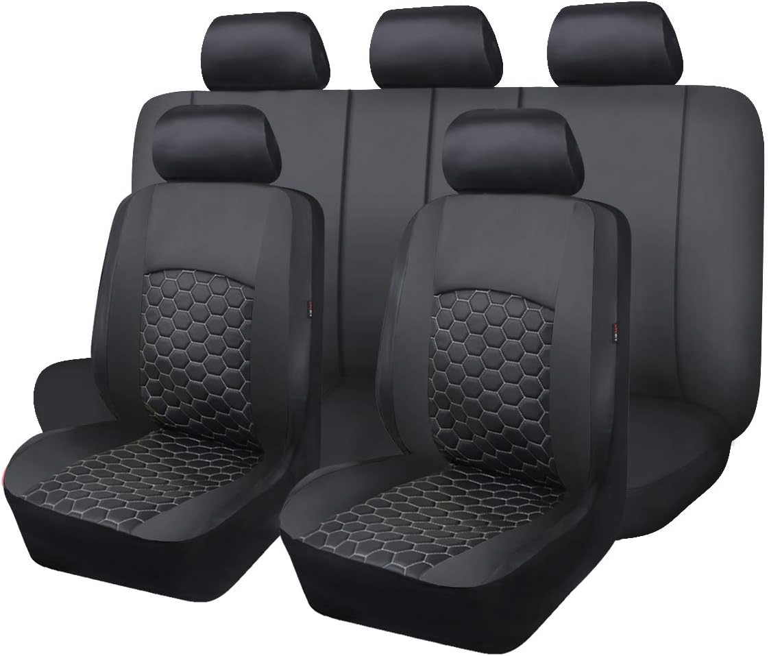 Flying Banner car seat Covers Full Set Faux Leather Embroidery Quality Sport Man Truck airbag Compatible Rear Bench Split 40/60 50/50 60/40 Quilted 5MM Thickness spoonge (Red Black, Full Set)