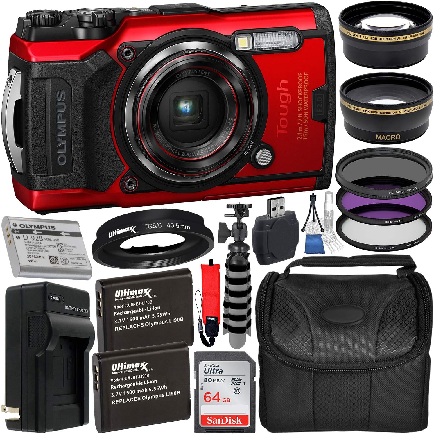 Olympus Tough TG-6 Digital Camera with Deluxe Accessory Bundle – Includes: SanDisk Ultra 64GB SDXC Memory Card + 2X Seller's Replacement Batteries with Charger + Adapter Tube + Much More
