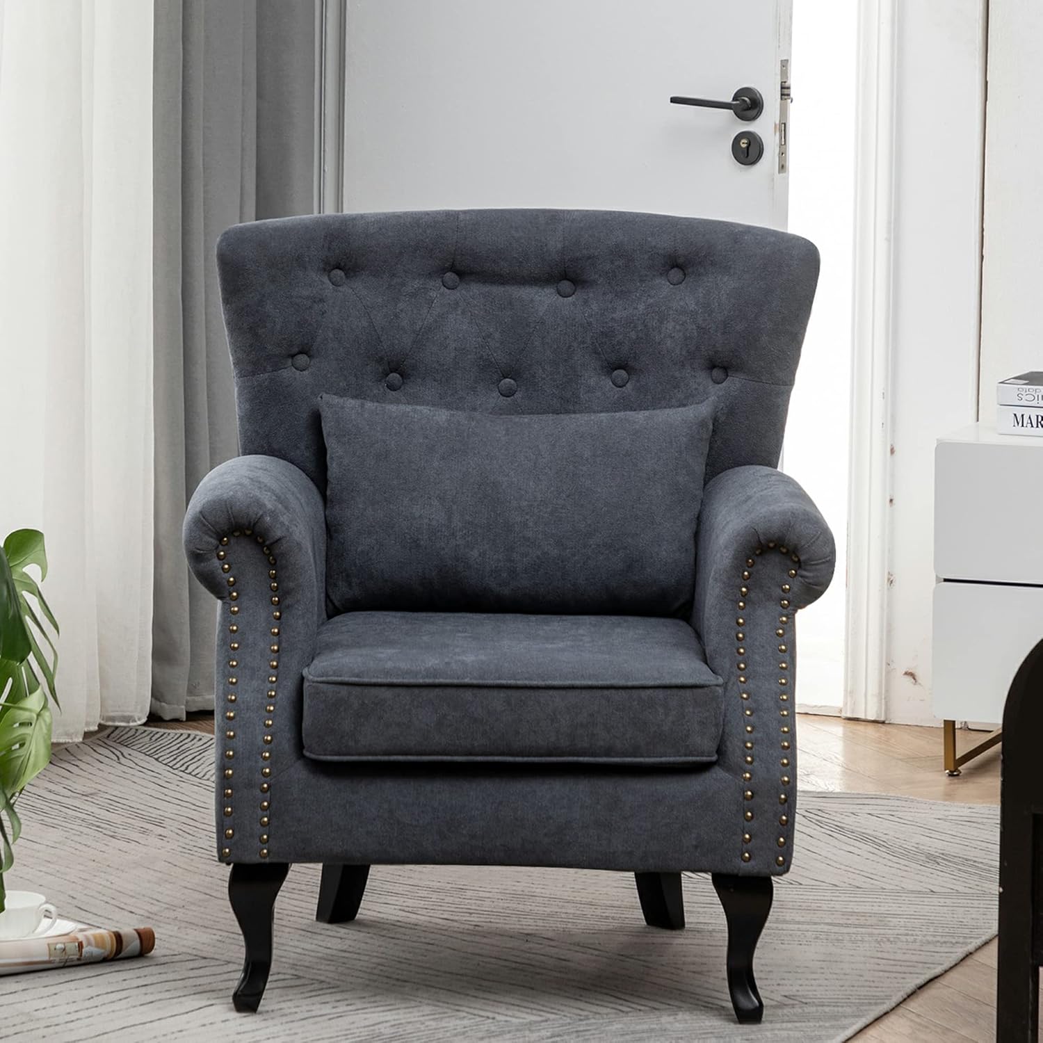 Accent Wingback Chair, KGOPK Modern Tufted Linen Club Chair, Rivet Roll Arm Chair for Living Room, Bedroom, Yelllow