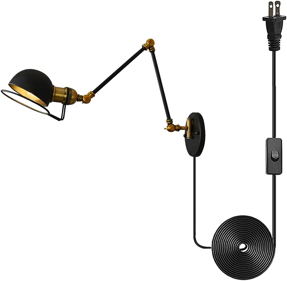 AECBUY Adjustable Swing arm Wall sconces - Vintage Black Plug in Wall Lights Industrial Metal Wall Mount lamp for Bedside Bedroom Indoor Doorway