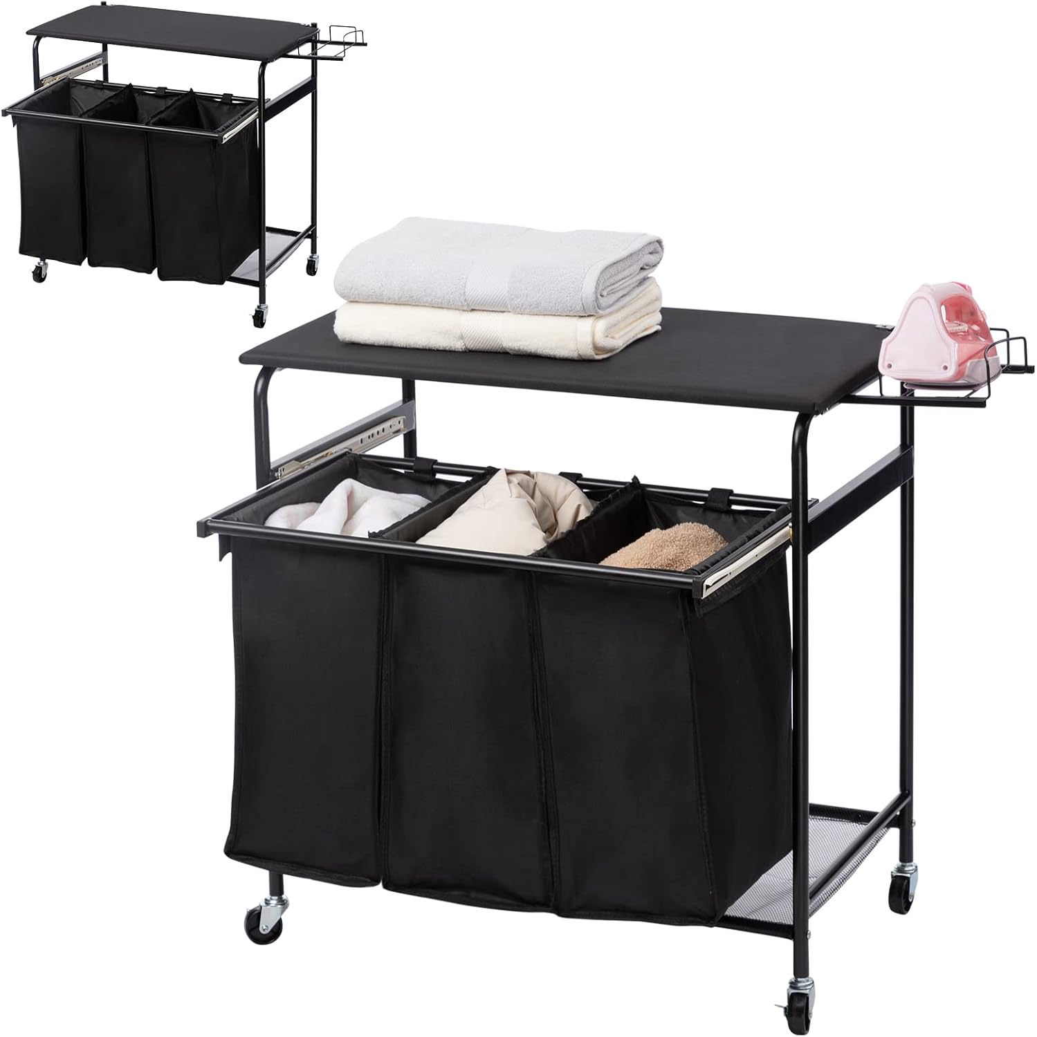 ALIMORDEN Laundry Sorter Cart with Ironing Board Rack Heavy Duty 3 Bags Classic Rolling Side Pull Laundry Hamper Sorter with 4 Wheels Black