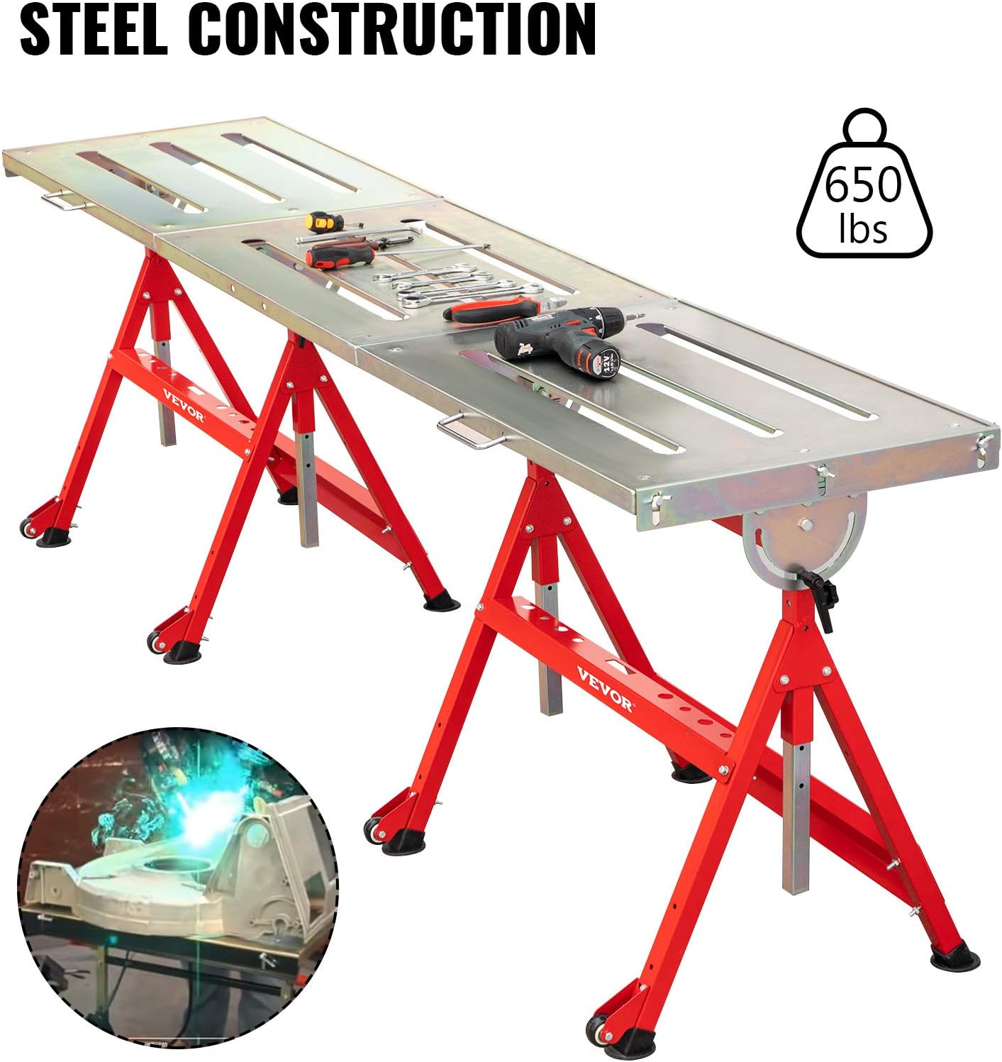 VEVOR Welding Table 90'' x 20'' Steel Welding Table Nine 1.1 in. / 28mm Slots Welding Bench Table Adjustable Angle & Height Portable Table, Casters, Retractable Guide Rails, Eccentric Leveling Foot