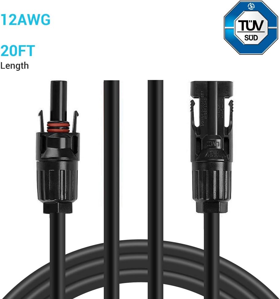 HQST Solar Panel Extension Cable 20 Feet 12AWG with Female and Male Connector Solar Panel Adaptor Kit Tool (20FT Red + 20FT Black)