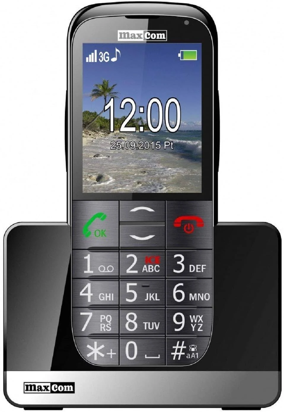 MAXCOM Comfort MM721 Big Button Dual SIM UK SIM-Free 3G Mobile Phone, Black/Silver with Charging Dock