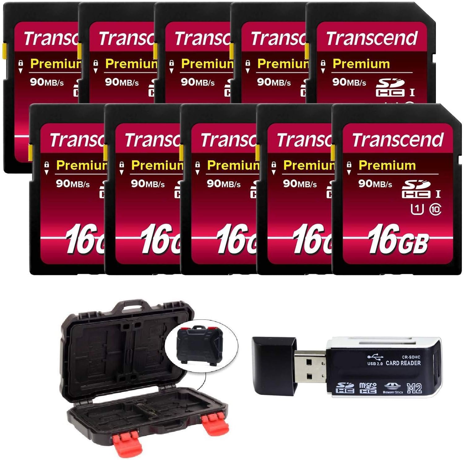 Transcend 16GB SDHC Class10 UHS-I 400X SD Flash and Memory Card (10-Pack) & Case! Pack of 2