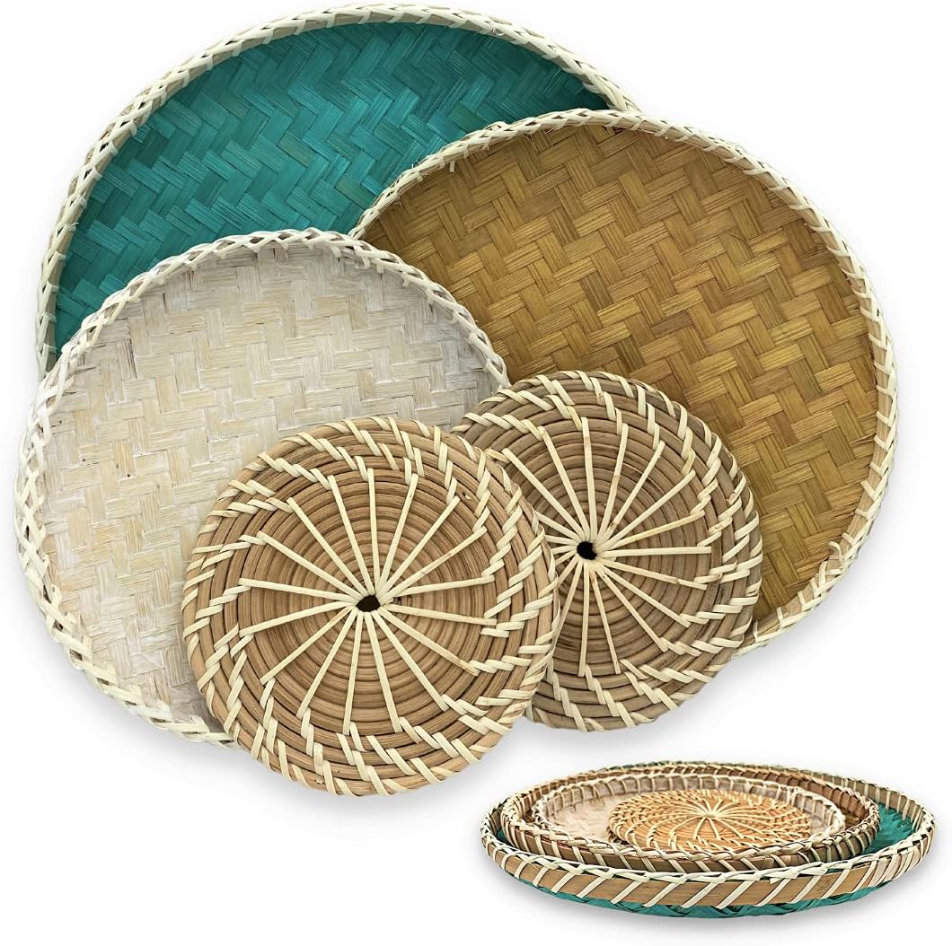 Wicker Wall Decor - Bamboo Wall Basket Decor Boho Flat - Woven Basket Wall Decor Set of 5 - Flat Baskets for Wall - Wicker Wall Hanging Serving Tray Pack of 2