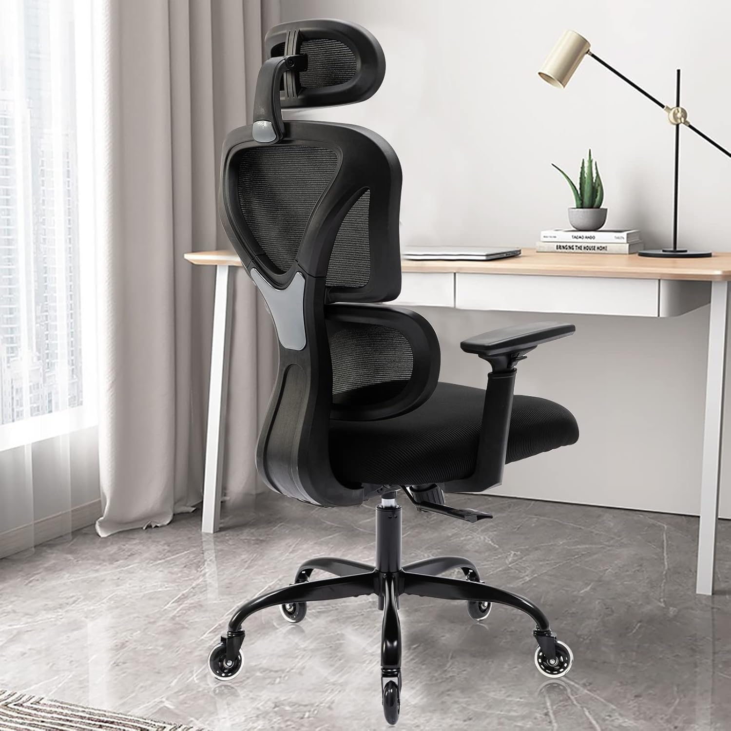 Ergonomic Office Chair, KERDOM Home Desk Chair, Comfy Breathable Mesh Task Chair, High Back Thick Cushion Computer Chair with Headrest and 3D Armrests, Adjustable Height Home Gaming Chair (Black-S)