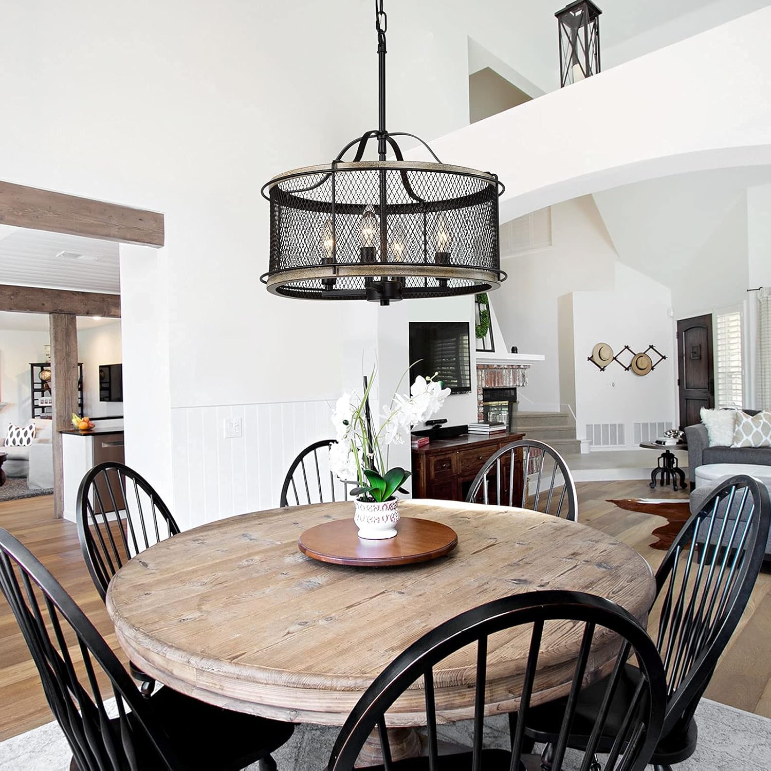 Farmhouse Chandelier for Dining Room, Black Chandelier for Kitchen Island, Drum Shape, 16.5&rsquo; Dia