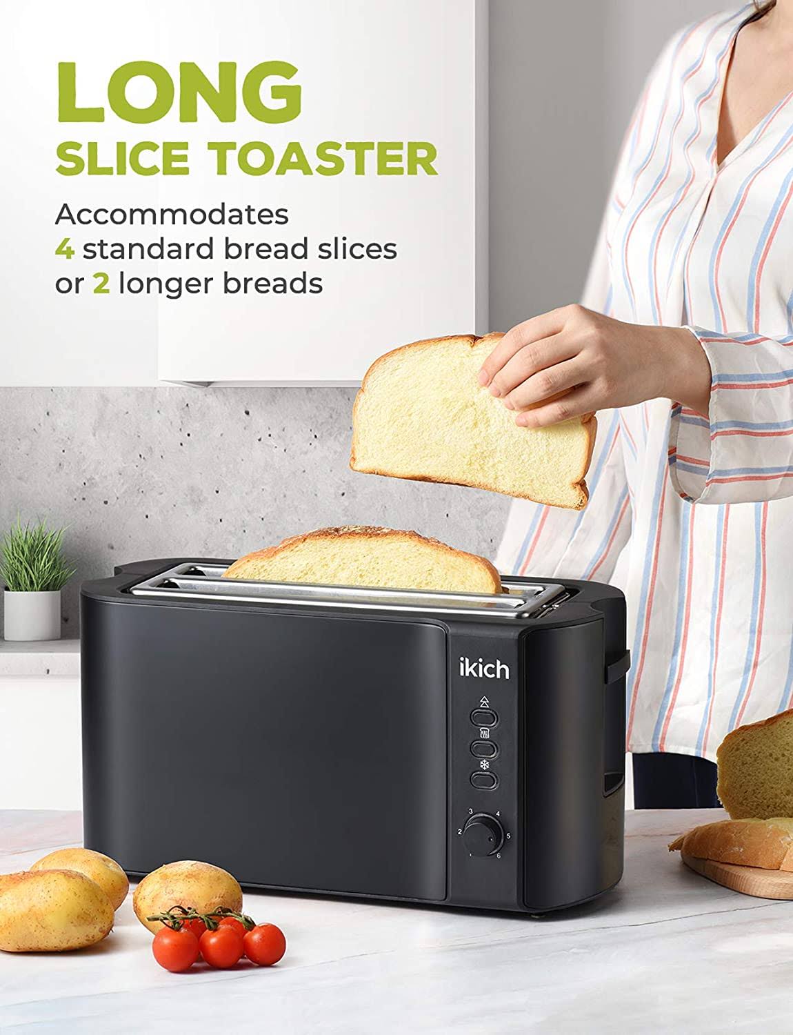 Ikich Toaster 2 Long Slot, Toaster 4 Slice Stainless Steel, Warming Rack, 6 Browning Settings, Defrost/Reheat/Cancel, Removable