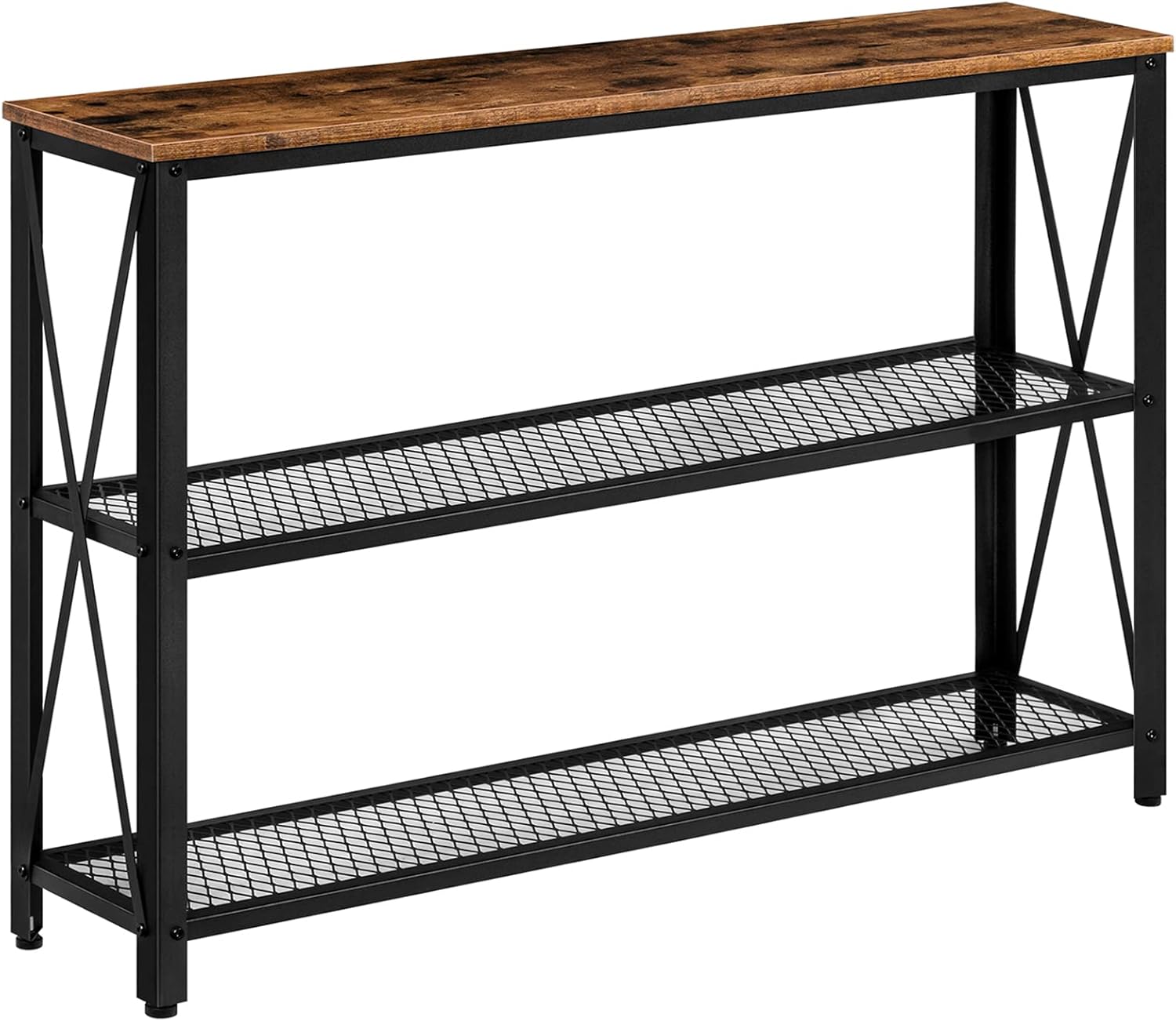HOOBRO Narrow Console Table, 3-Tier Entryway Table, Sofa Table with Double Mesh Storage Shelves, Double X-shaped Stable Structure, Hallway Table for Foyer, Living Room, Rustic Brown and Black BF03XG01