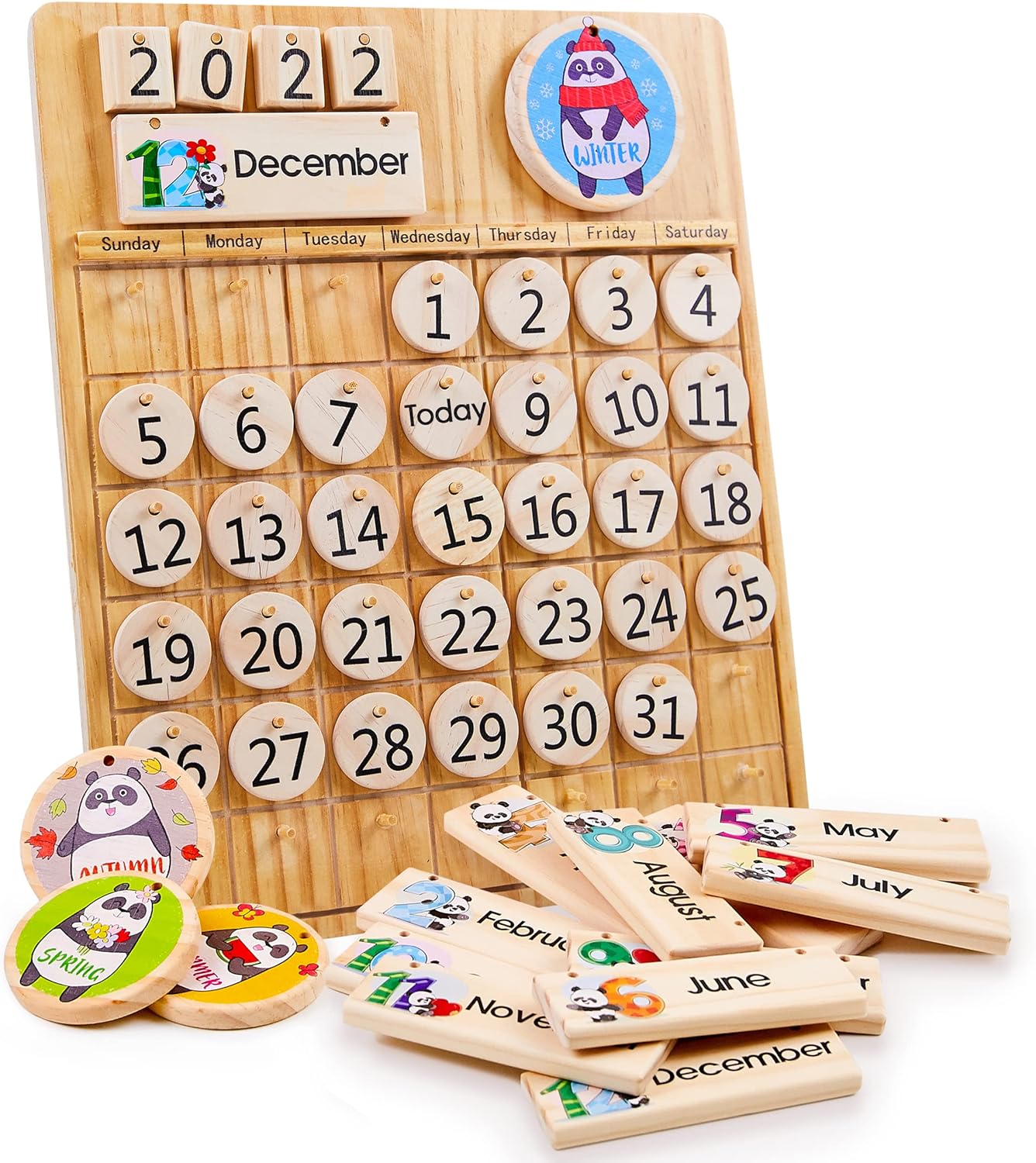 Panda Brothers Wooden Perpetual Calendar - Montessori toy for kids learning Seasons, Months and Days of the Year, preschool calendar for kids learning for home and classroom teaching toddlers STEM toy