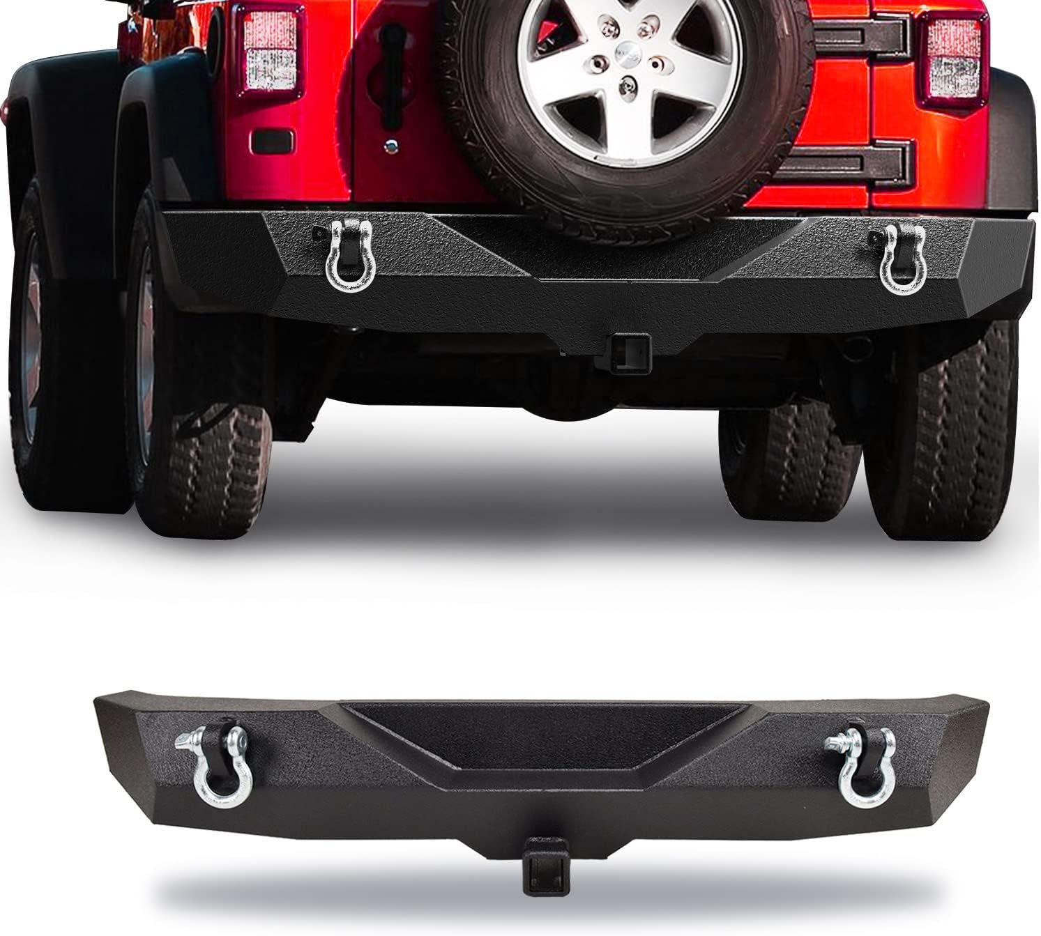 RYNOSKIN Rear Bumper fit 2007-2018 Jeep Wrangler JK Rear Bar with D-Ring Shackles & 2