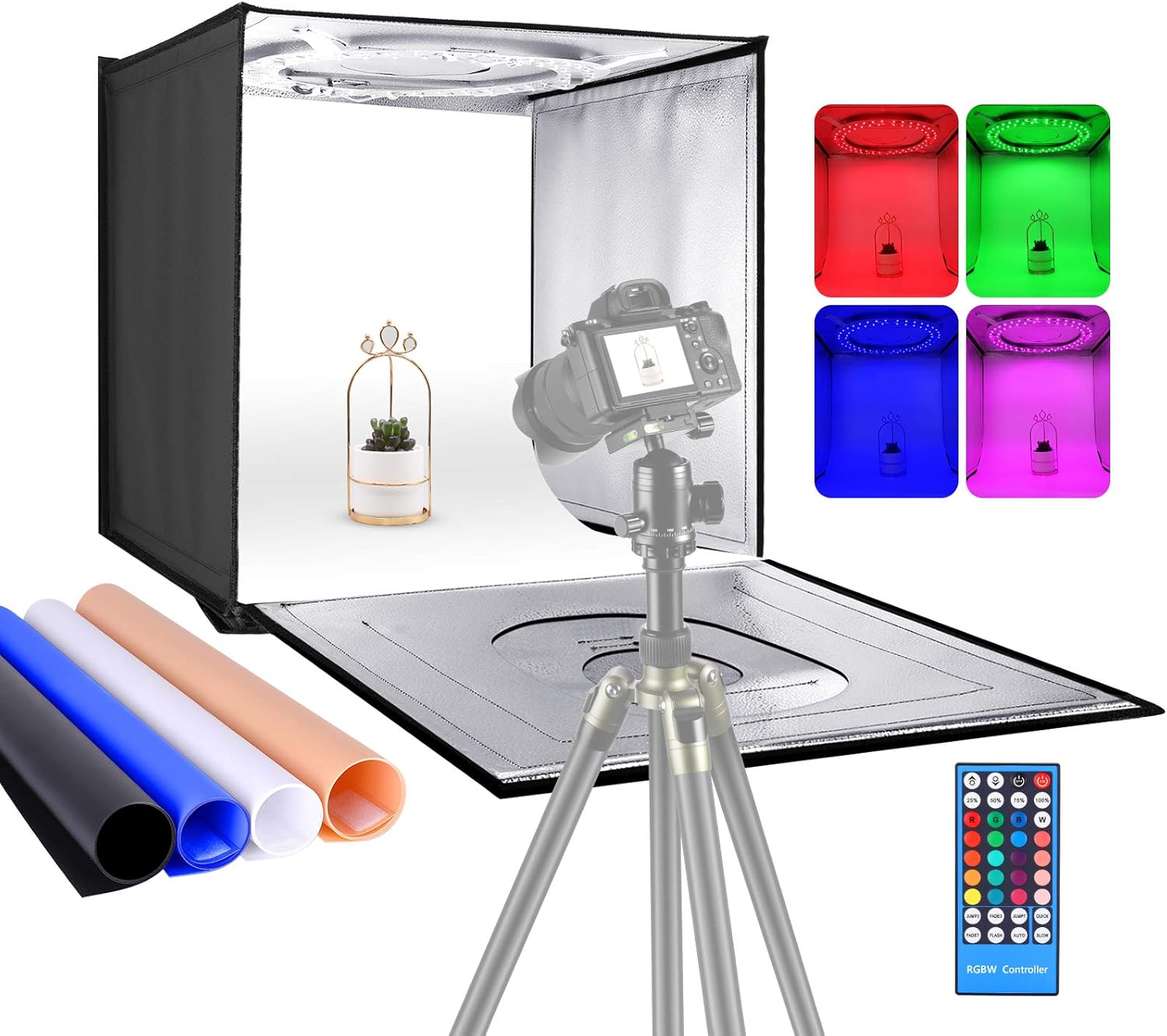 Neewer Photo Studio RGBW Light Box with Infrared Remote Control, Foldable Table Top 24 inches/60cm Shooting Tent with 96 RGBW LEDs/Adjustable 2-40W/6000K-6500K/4 Colors Backdrops