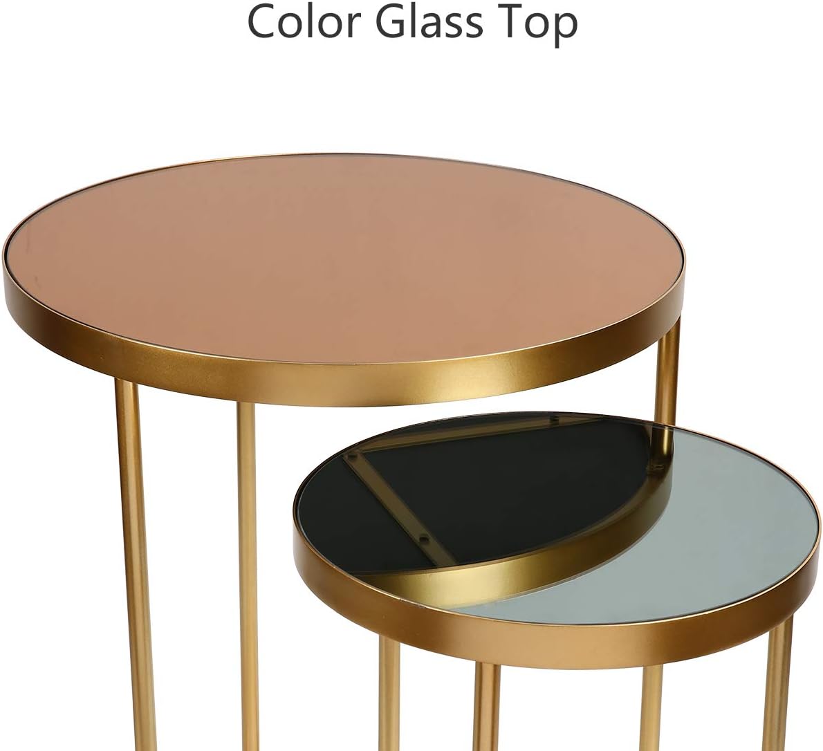 2 Piece Side Tables Set, Round Modern Nesting Side Accent Tables with Color Glass Top and Gold Base