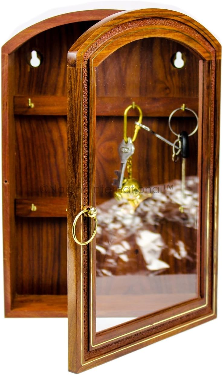 Deluxe Rosewood Crafted Wooden Key Cabinet with 6 Key Hooks and Glass Panel | Decorative & Functional Key Storage Box | Nagina International Pack of 2