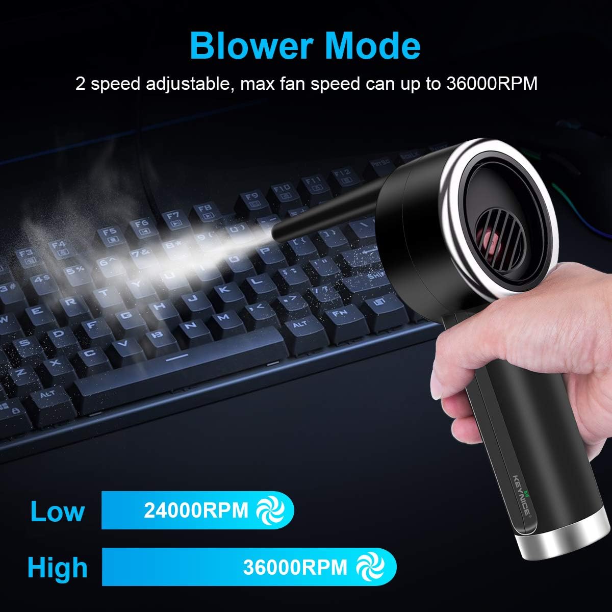 Cordless Air Duster, KEYNICE 2-in-1 Dust Cleaner and Vacuum, 6000 Battery, 10W Fast Charging, Powerful 36000 RPM, Electric Air Blower for Cleaning Dust Crumbs Computer, Replaces Compressed Air Can Pack of 2
