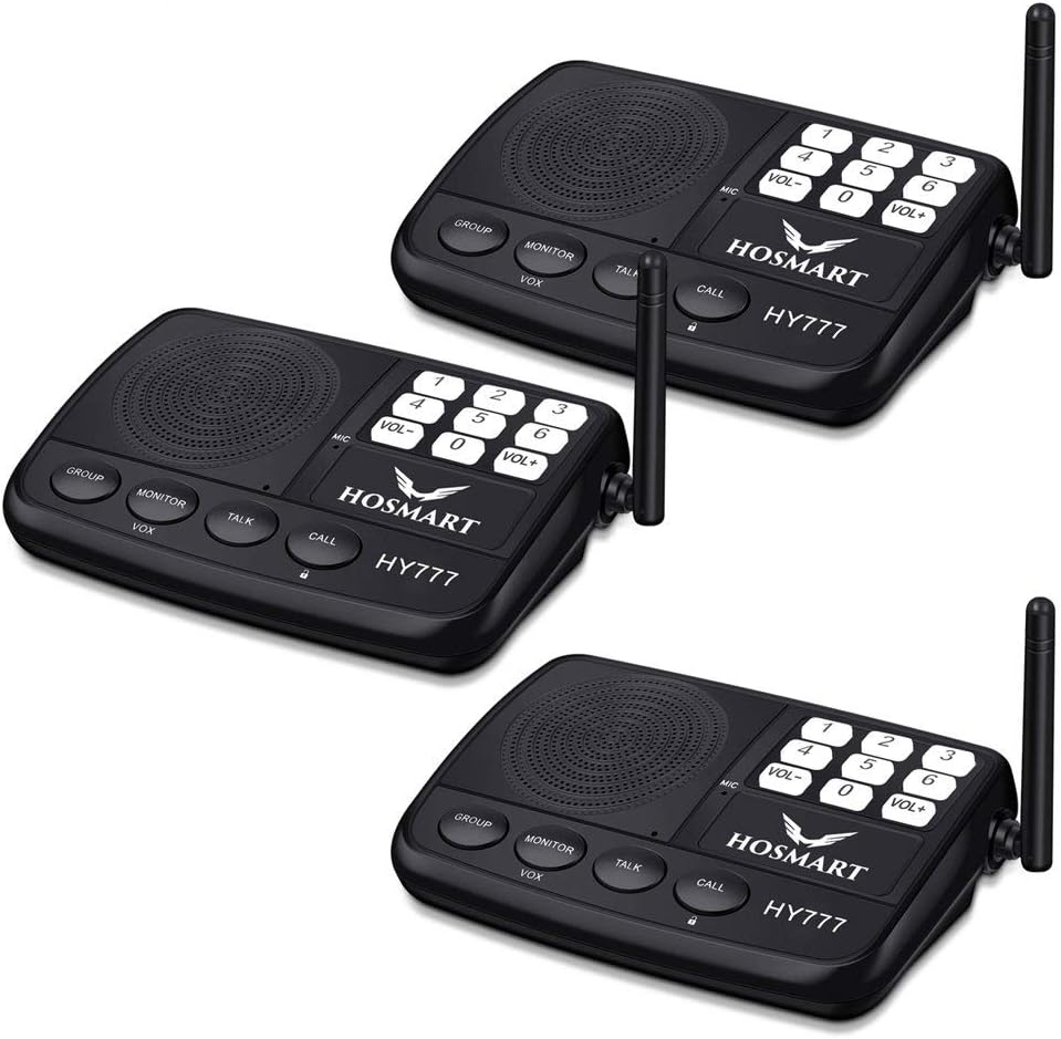 Wireless Intercom System Hosmart 1/2 Mile LONG RANGE 7-Channel Security Wireless Intercom System for Home or Office (New Version) [3 stations Black][NOT WIRELESS CHARGER]