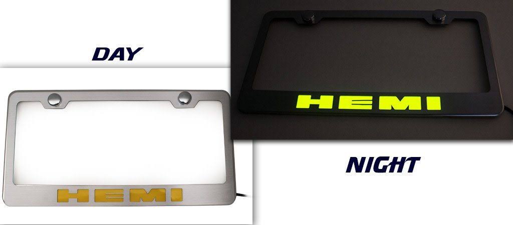 ACC 152024-GRN Brushed License Plate Frame with Green Carbon Fiber Hemi Logo