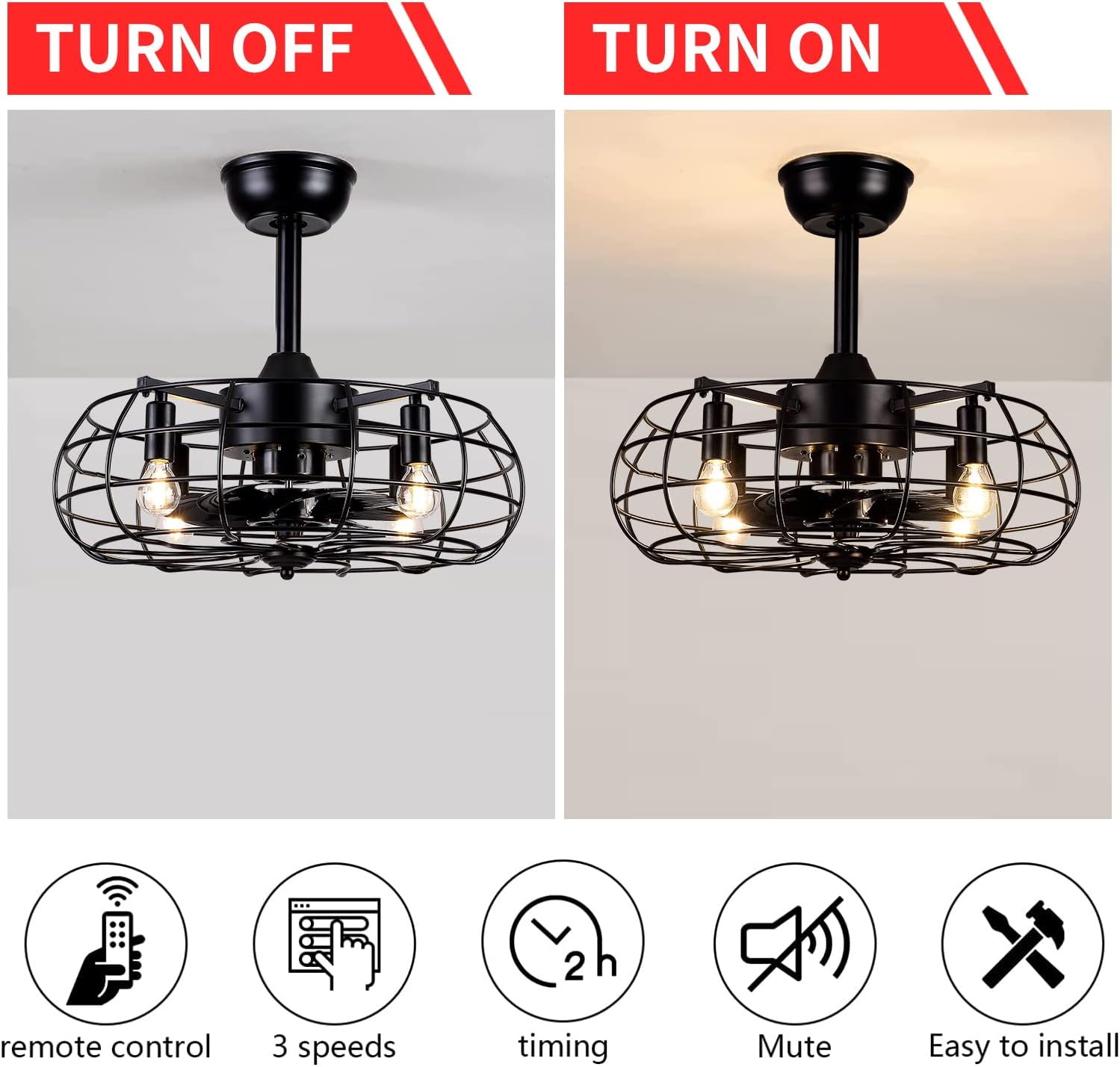 Caged Ceiling Fan with Lights Remote Control,Modern Bladeless Black Ceiling Fan Indoor, MADSHNE 19'' Small Industrial Bedroom Ceiling Fan Light Fixture