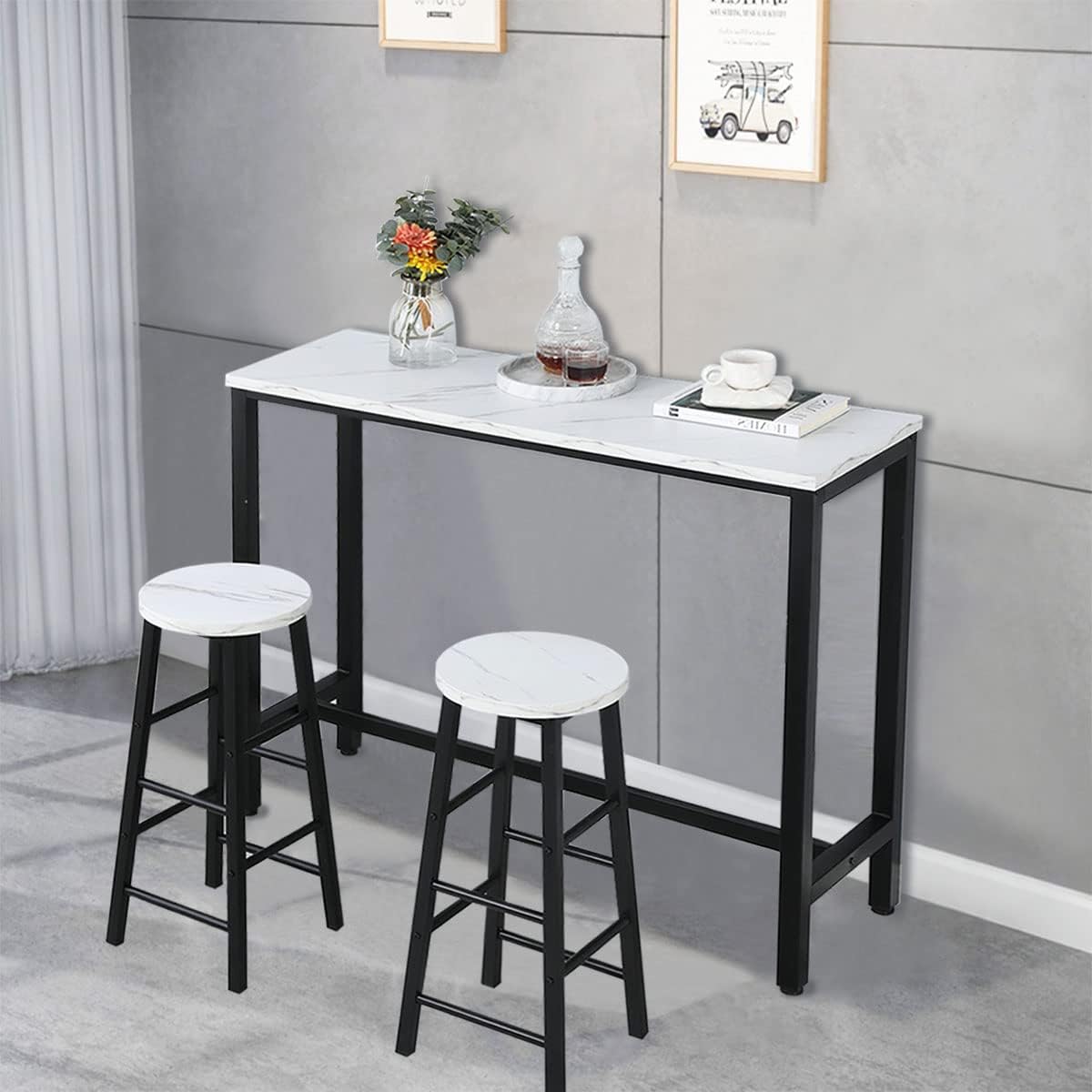 3 Piece Pub Dining Set, Faux Marble Bar Table Set, Bar Table and Stools for 2, Space-Saving Bistro Set with Metal Fame for Breakfast Nook Living Room Small Space Restaurant