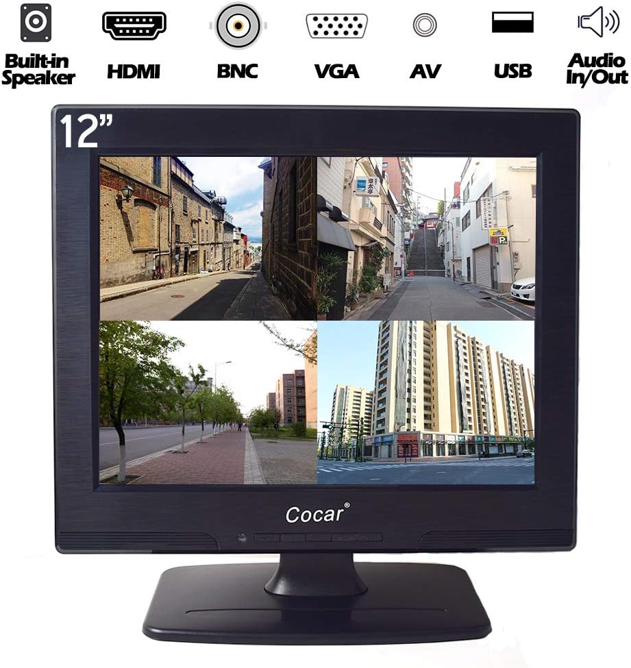 12 Inch LCD Security CCTV Monitor VGA HDMI AV BNC, 4:3 HD Display LED Backlight Screen with USB Drive Player for Home Surveillance Camera STB PC 800x600 Resolution Built-in Speaker Audio in/Out