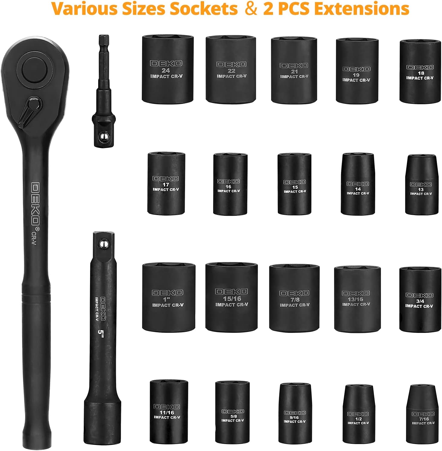 DEKOPRO 1/2-Inch Impact Socket Sets, 23 Pieces Drive Socket Set Mechanic Tool Set with 72 Teeth Reversible Ratchet, 1/2