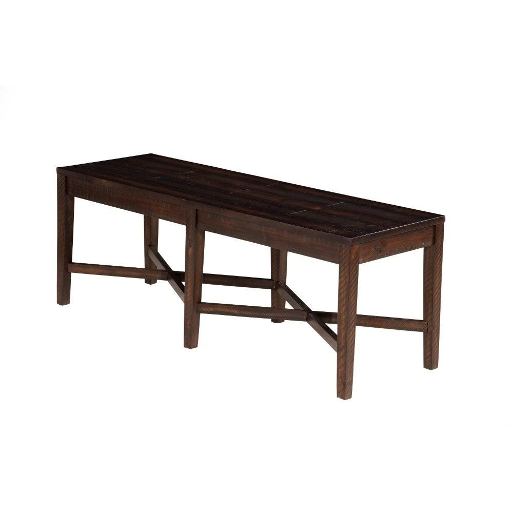 Benzara Acacia Wood Bench with Block Legs and Cross Base, Espresso Brown BM186127
