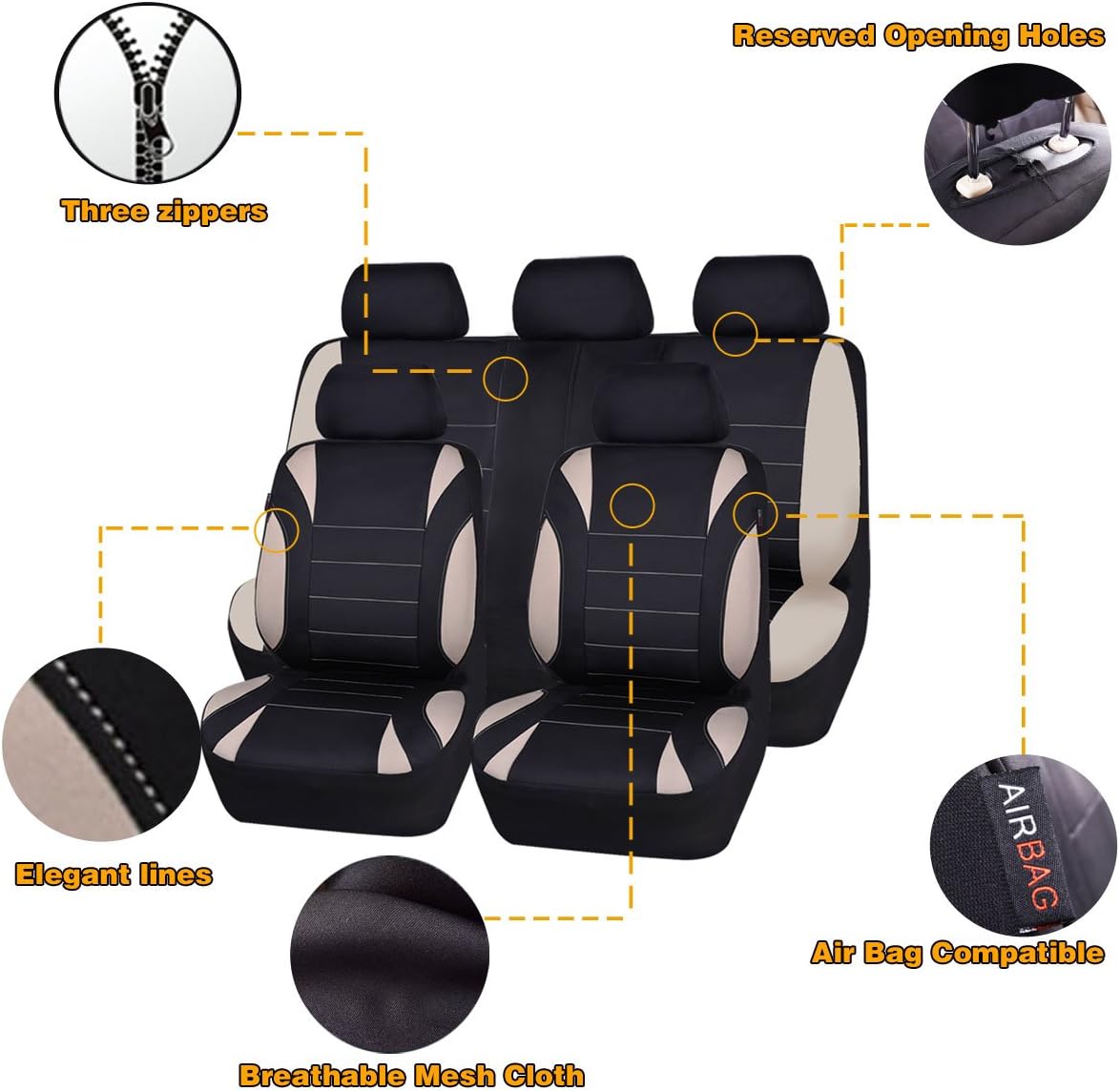 CAR PASS Waterproof Neoprene EVA 11 Piece Universal fit Car Seat Covers,Fit for Suvs,Vans,Trucks,Sedans,Airbag Compatible,Inside Zipper Design (Black and Beige)