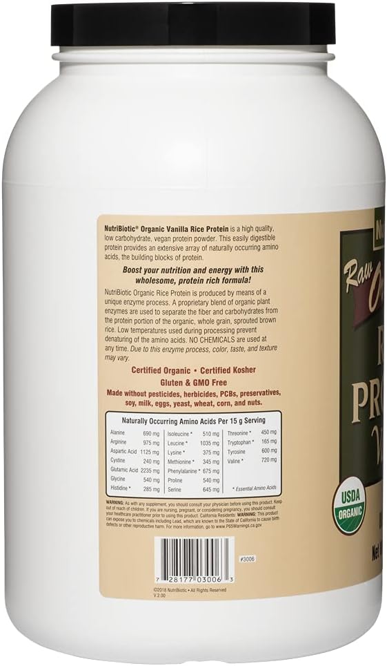 NutriBiotic Certified Organic Rice Protein Vanilla, 3 Lb. | Low Carbohydrate Vegan Protein Powder | Raw, Certified Kosher & Keto Friendly | Made without Chemicals, GMOs & Gluten | Easy to Digest Pack of 2
