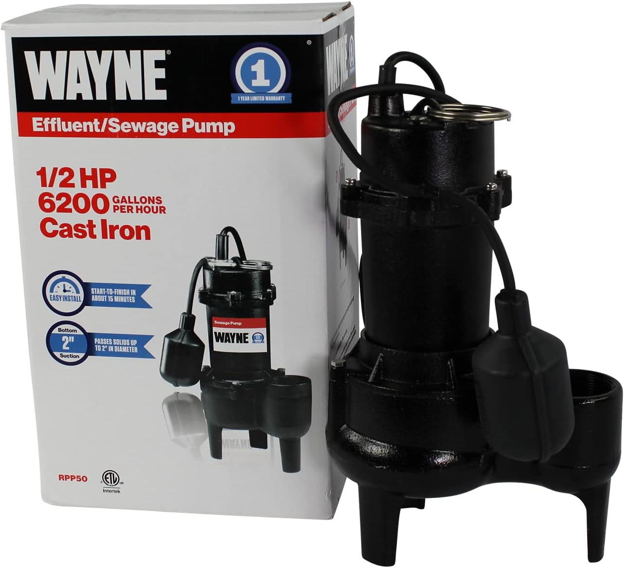 Wayne RPP50 Cast Iron Sewage Pump with Piggy Back Tether Float Switch, Black