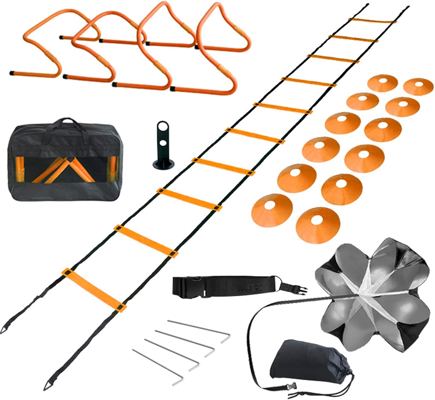 TOCO FREIDO Speed&Agility Training Set – 20ft Agility Ladder Set with 12 Rungs, 4 Adjustable Training Hurdle, 12 Disc Cones, 2 Resistance Bands, 1 Running Parachute and Footwork Drills Equipment Pack of 2