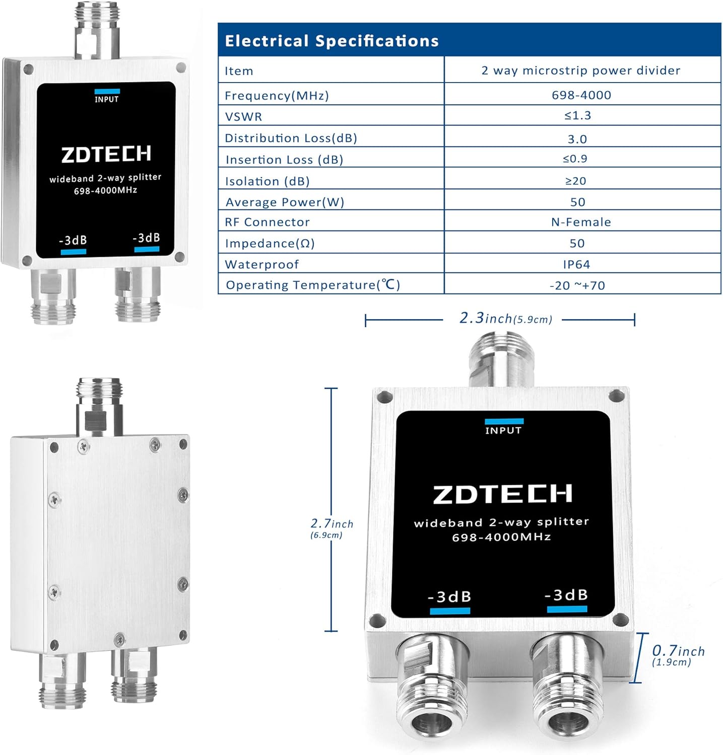 ZDTECH WideBand 2-Way Splitter with N-Female Connectors 50 Ohm Signal Splitter for 3G/4G/LTE/5G(698-4000MHz) Pack of 2