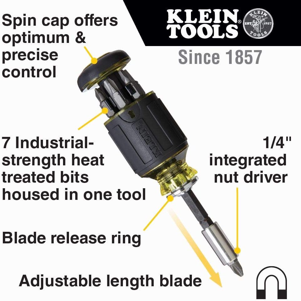 Klein Tools 32308 Multi-bit Stubby Screwdriver, Impact Rated 8-in-1 Adjustable Magnetic Tool with Phillips, Slotted, Square and Nut Driver