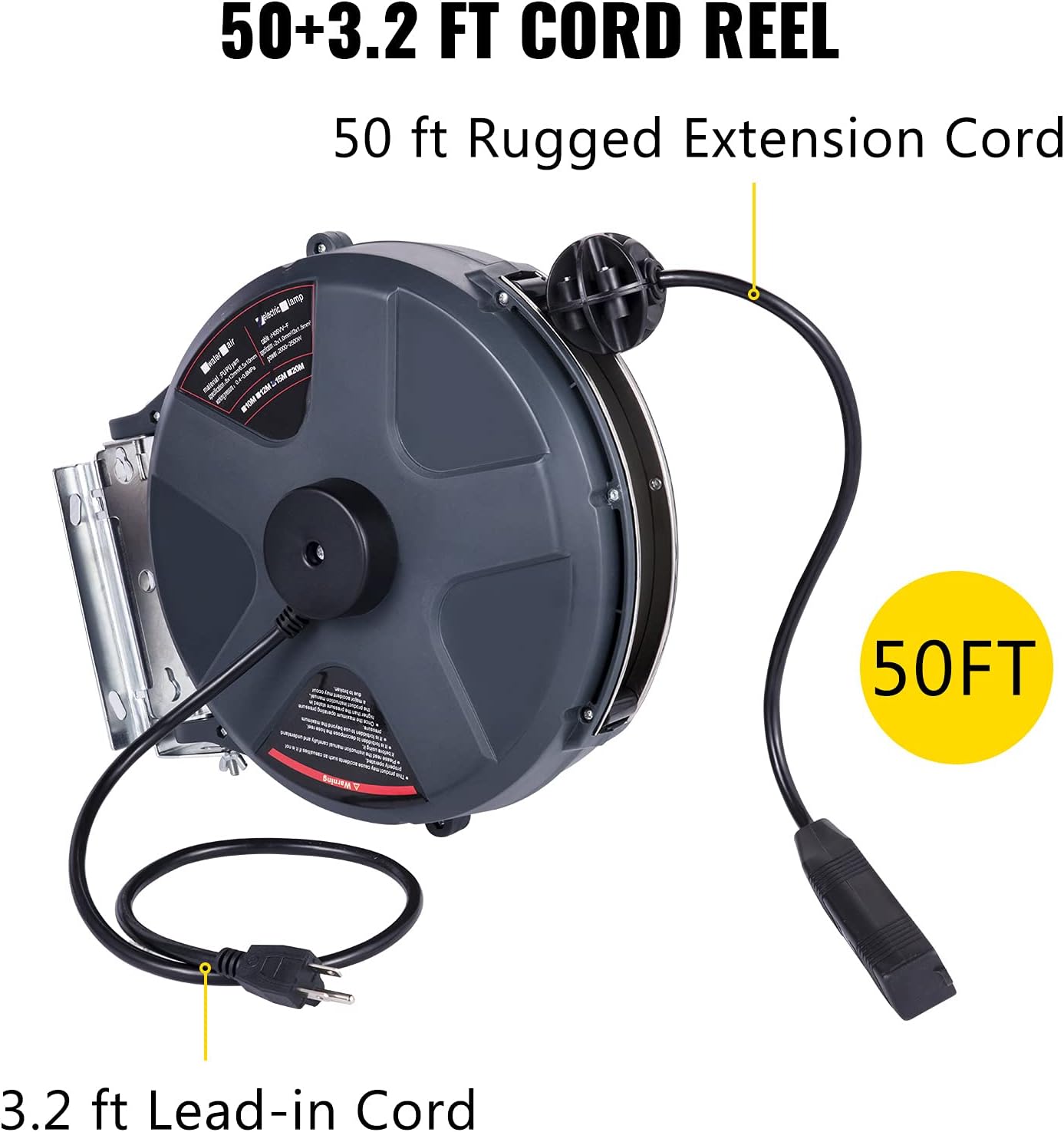 VEVOR Retractable Extension Cord Reel 50+3.2FT, 16/3 SJT Power Cord Reel, Heavy Duty Electric Cord Reel, Wall/Ceiling Mount Retractable Cord Reel, Automatic Flexible Triple Tap Connector with Stopper