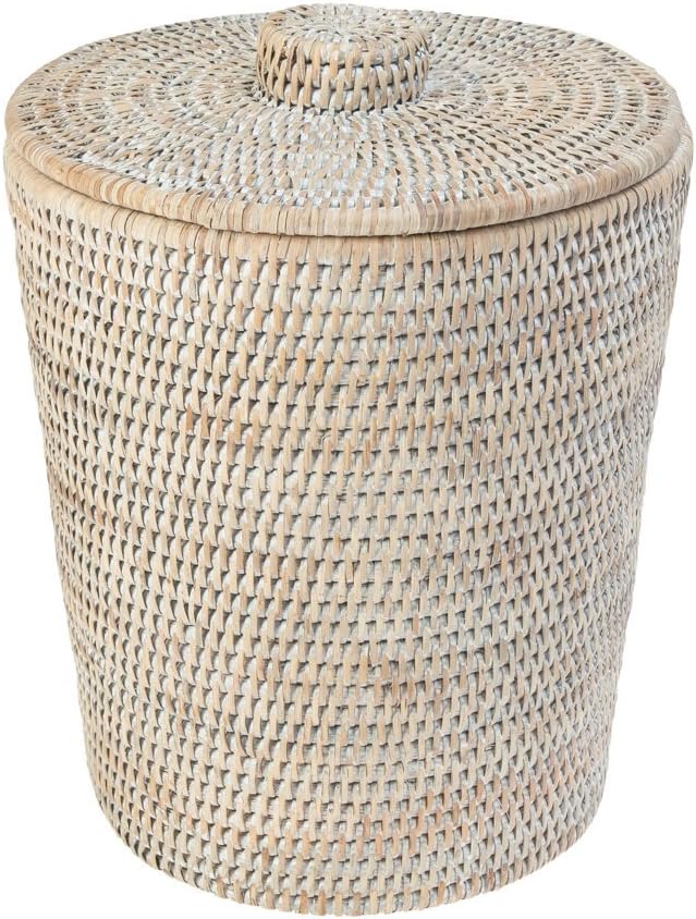KOUBOO La Jolla Rattan Round Waste Basket with Plastic Insert & Lid, White Wash Pack of 2